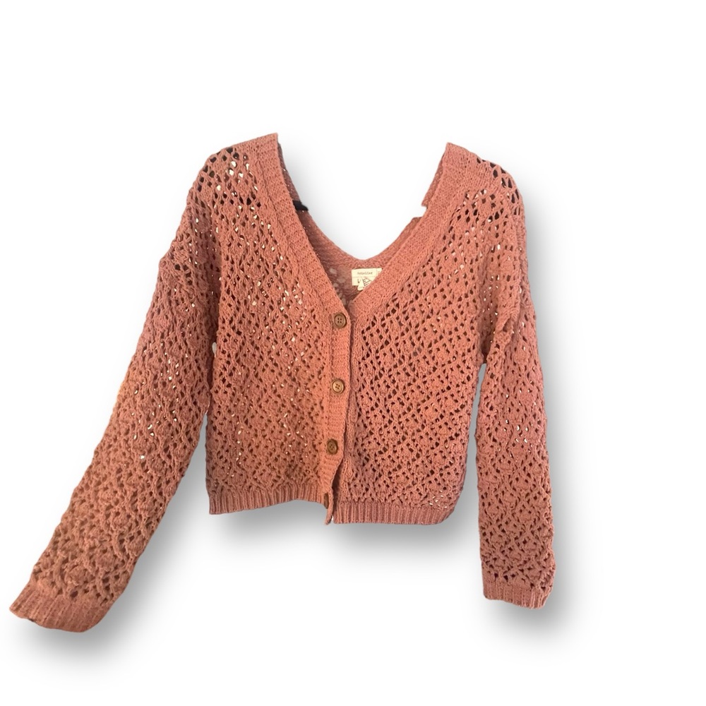 Nicole Miller Artelier Peach Open Knit V-neck Cropped Cardigan Women Size Large